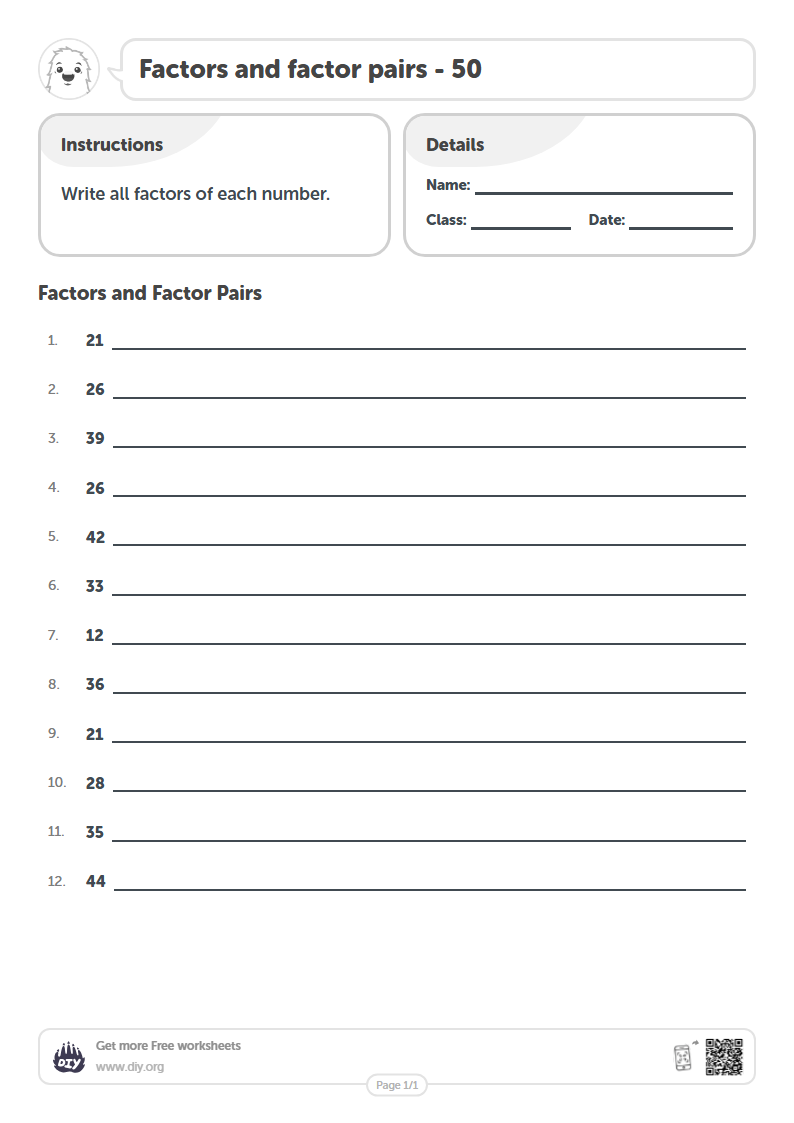 Free Factors and factor pairs - 50 Worksheets