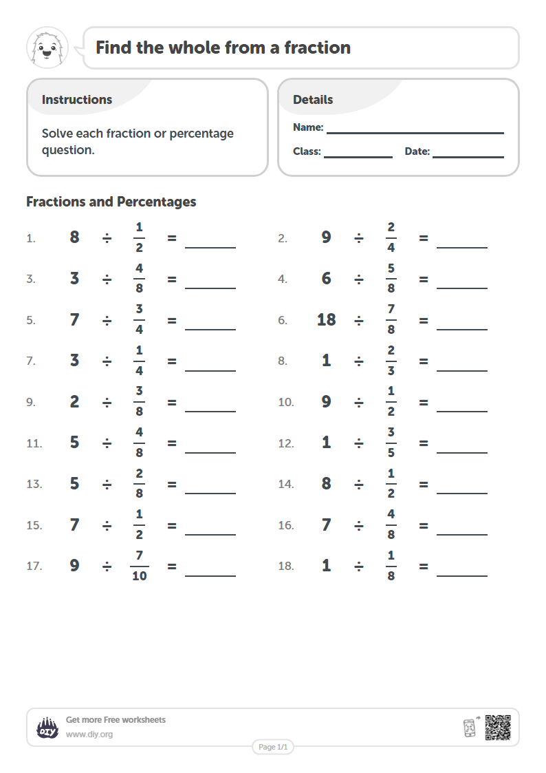 Free Find the whole from a fraction Worksheets
