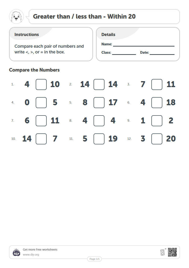 Free Greater than / less than - Within 20 Worksheets