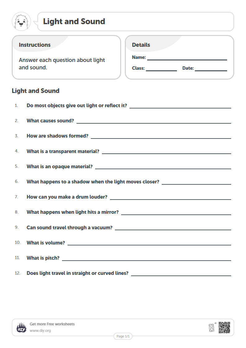 Free Light and Sound Worksheets