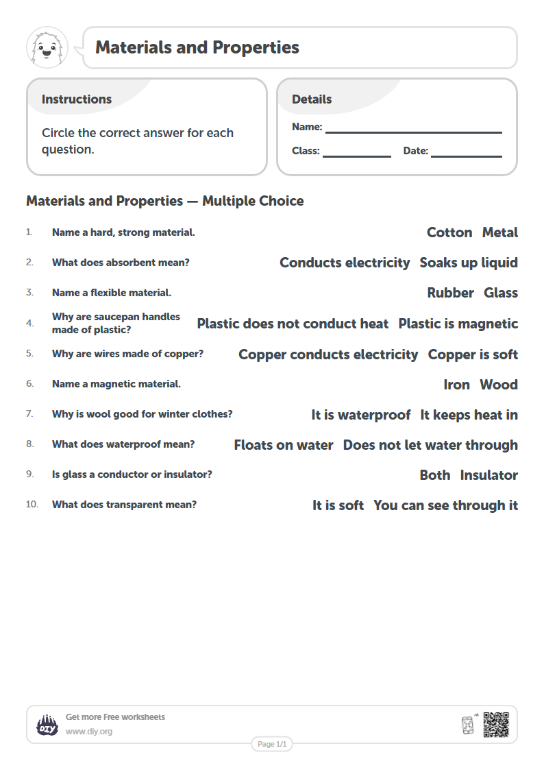 Free Materials and Properties Worksheets