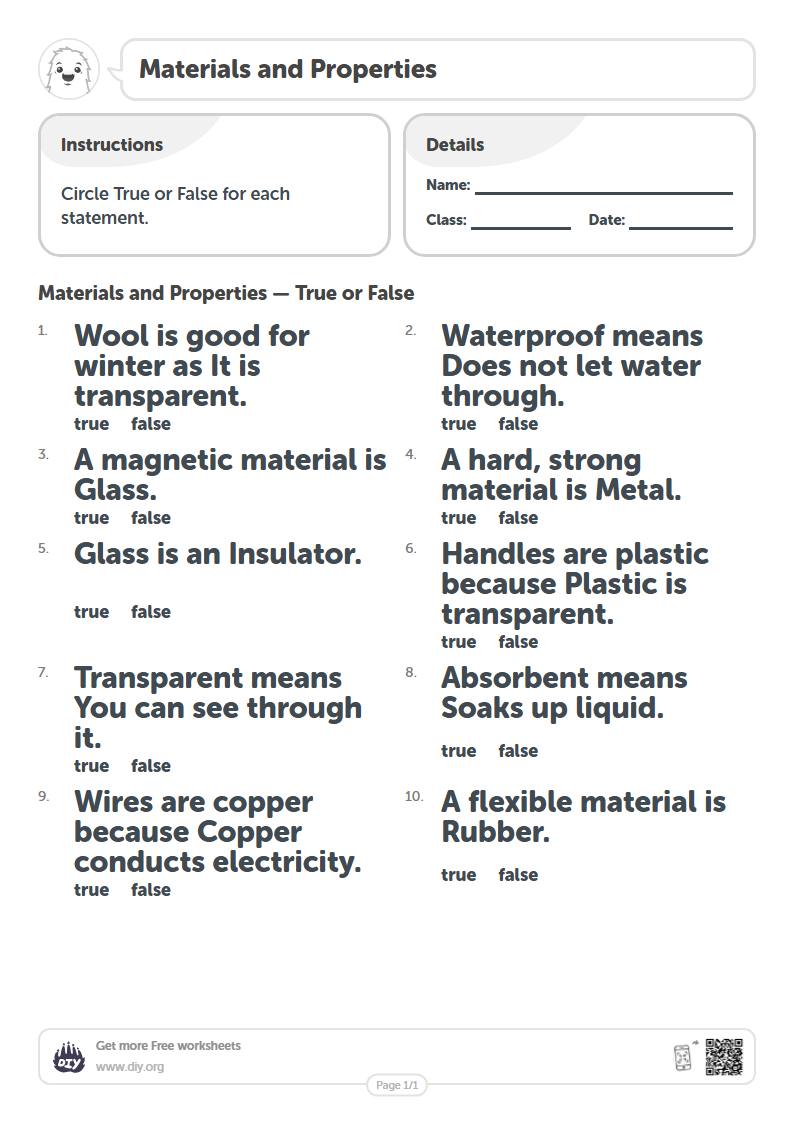 Metarials Worksheet Free Materials and Properties Worksheets