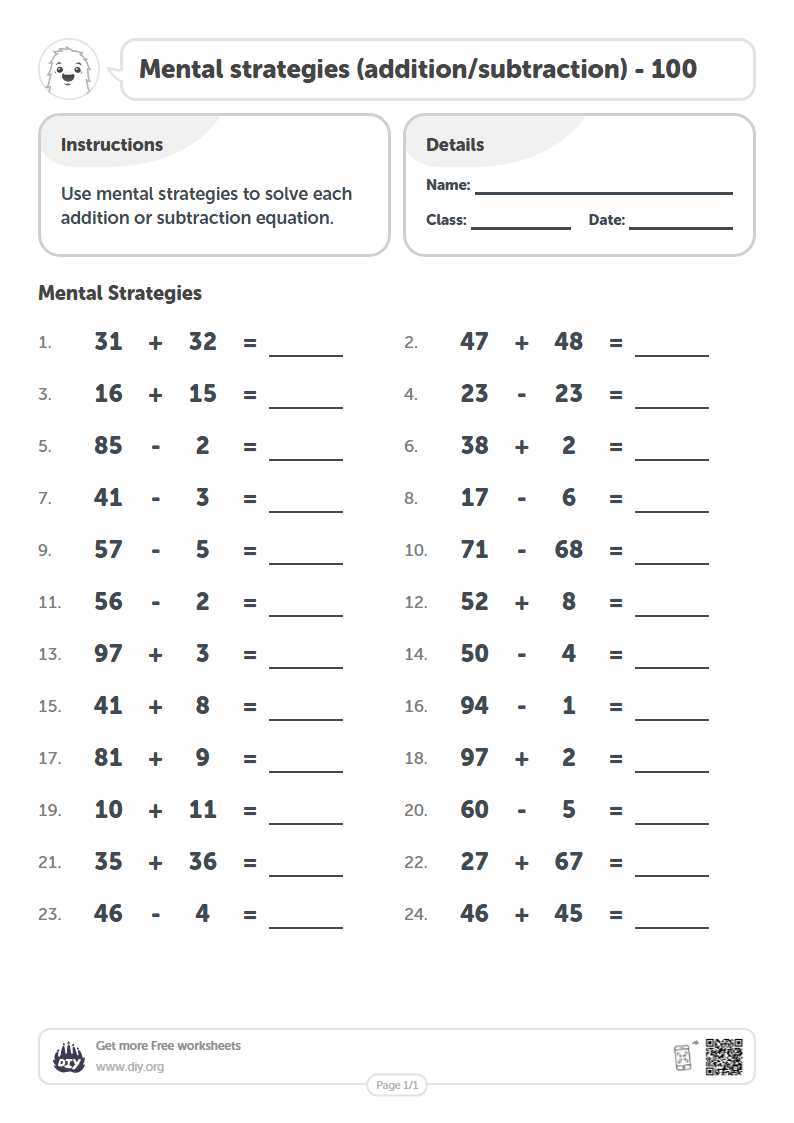 Free Mental strategies (addition/subtraction) - 100 Worksheets