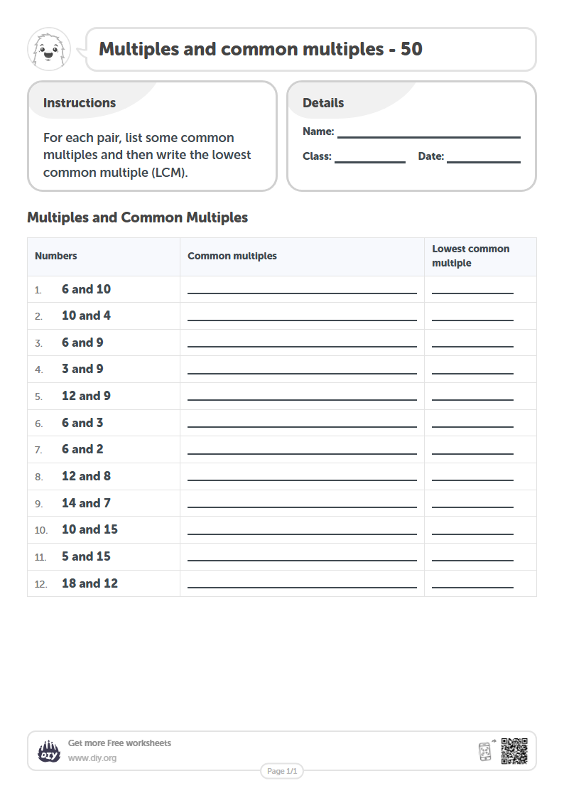 Free Multiples and common multiples - 50 Worksheets