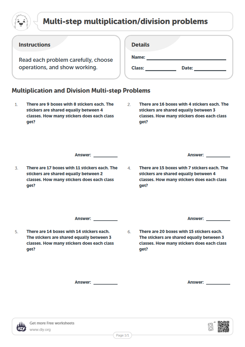 Free Multi-step multiplication/division problems Worksheets