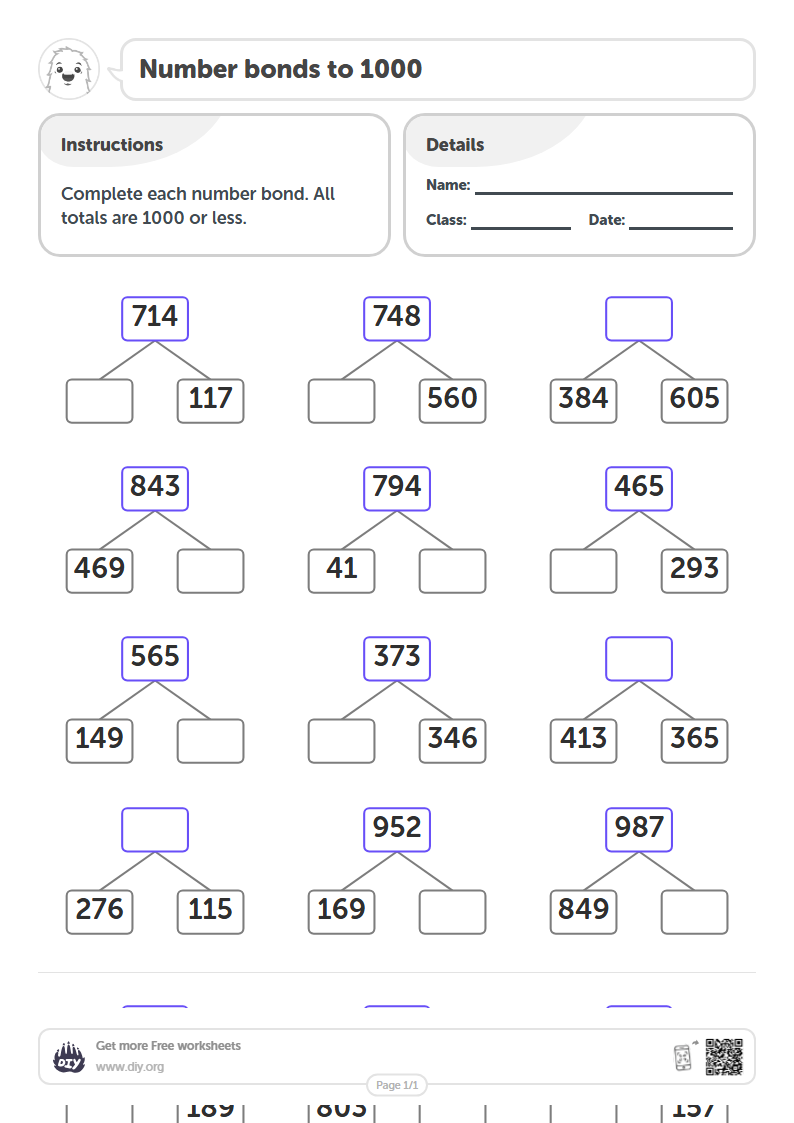 Free Number bonds to 1000 Worksheets