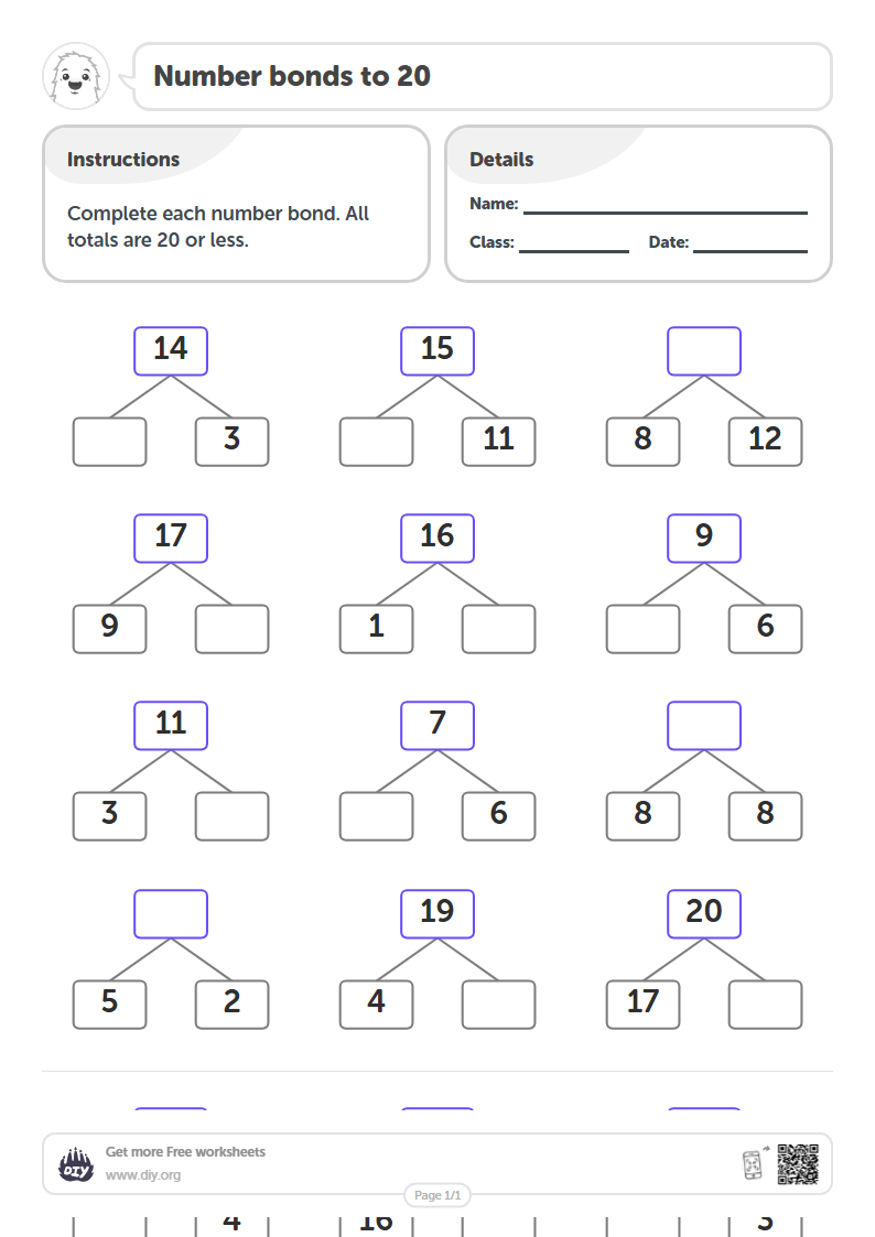 Free Number bonds to 20 Worksheets