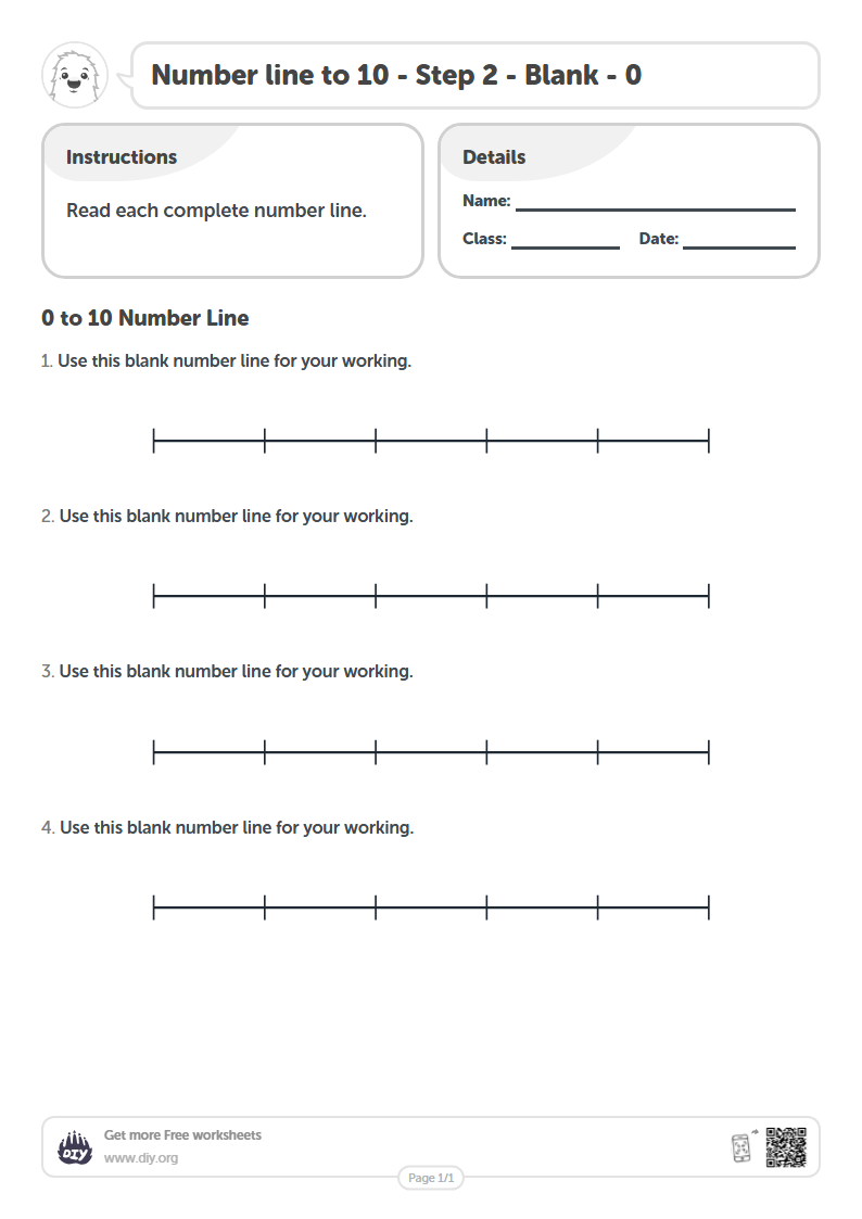 Free Number line to 10 - Step 2 - Blank - 0 Worksheets