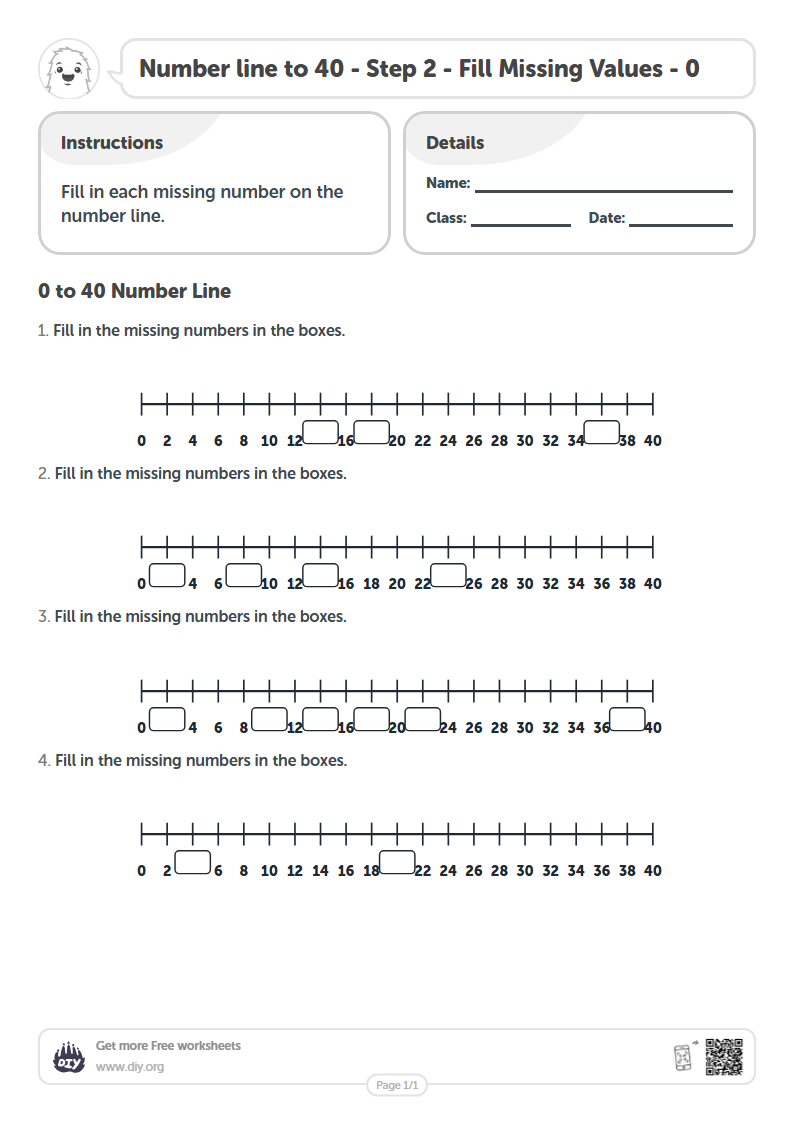 Free Number line to 40 - Step 2 - Fill Missing Values - 0 Worksheets