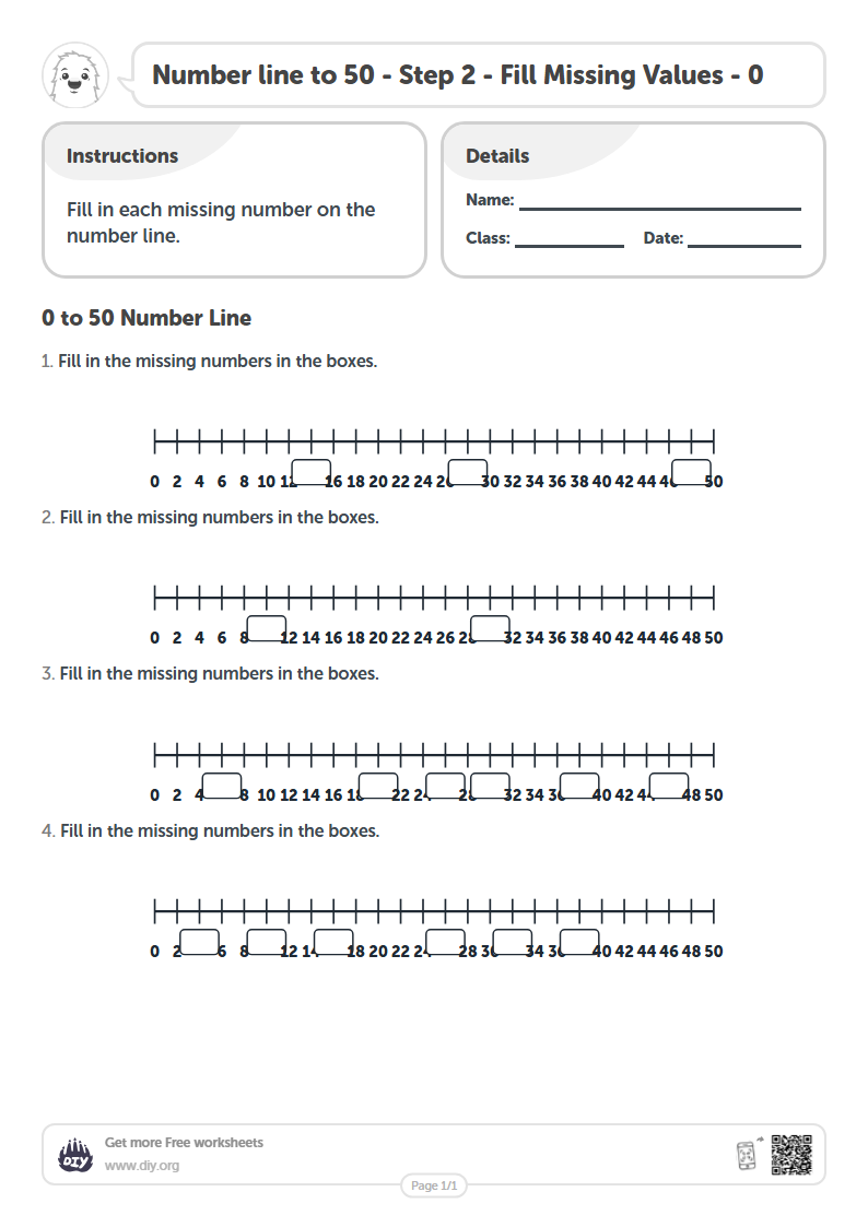 Free Number line to 50 - Step 2 - Fill Missing Values - 0 Worksheets