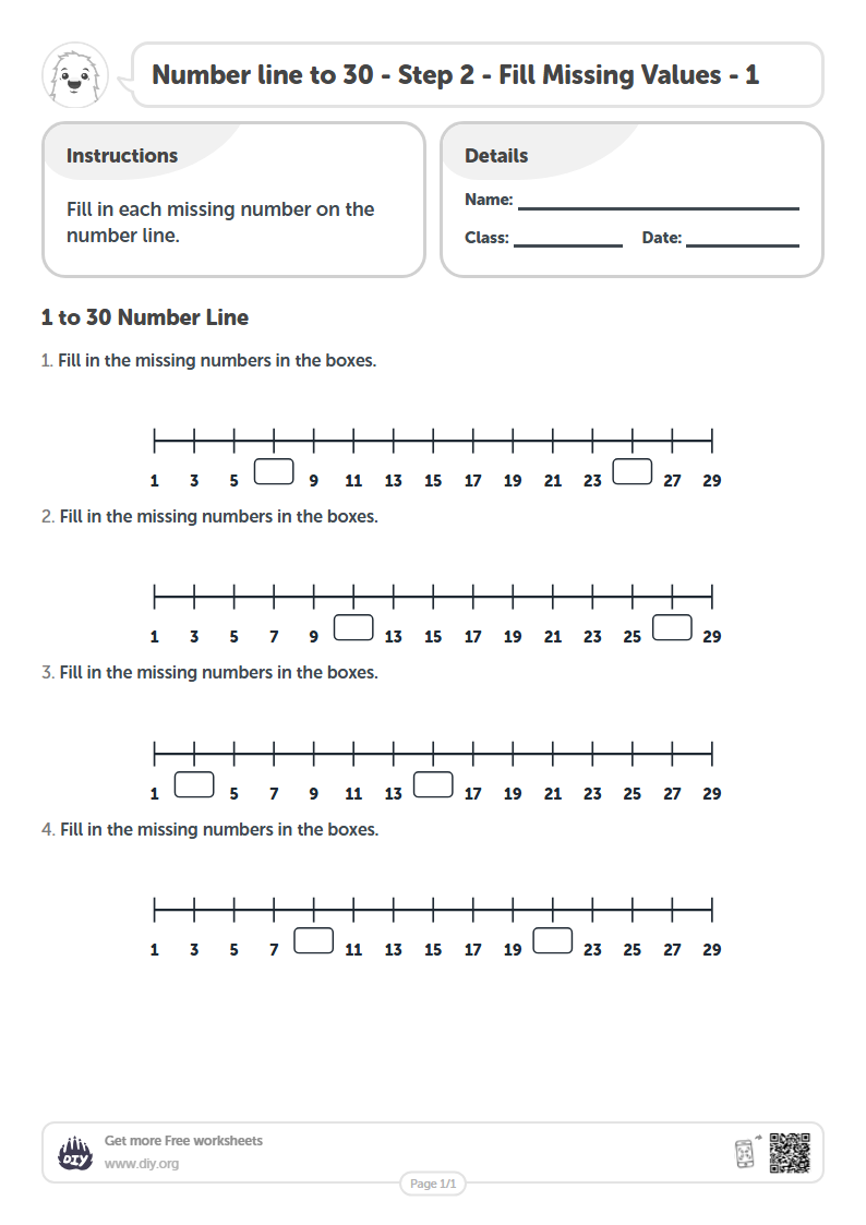 Free Number line to 30 - Step 2 - Fill Missing Values - 1 Worksheets