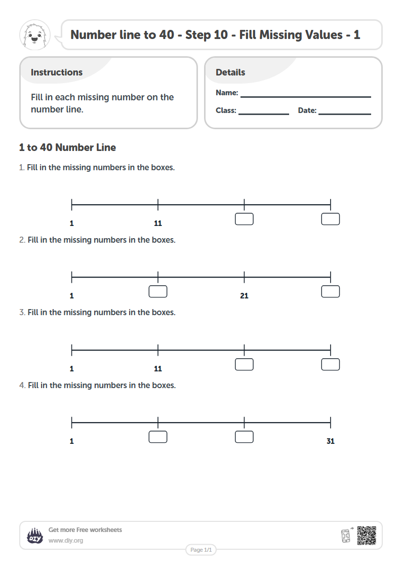 Free Number line to 40 - Step 10 - Fill Missing Values - 1 Worksheets