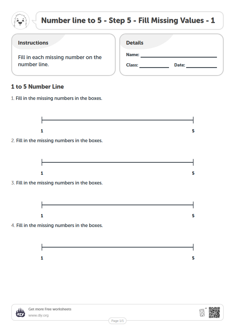 Free Number line to 5 - Step 5 - Fill Missing Values - 1 Worksheets
