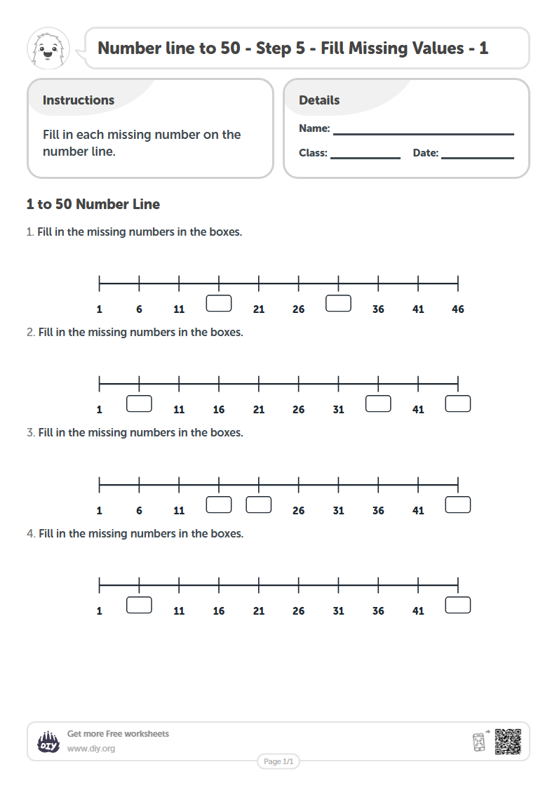 Free Number line to 50 - Step 5 - Fill Missing Values - 1 Worksheets