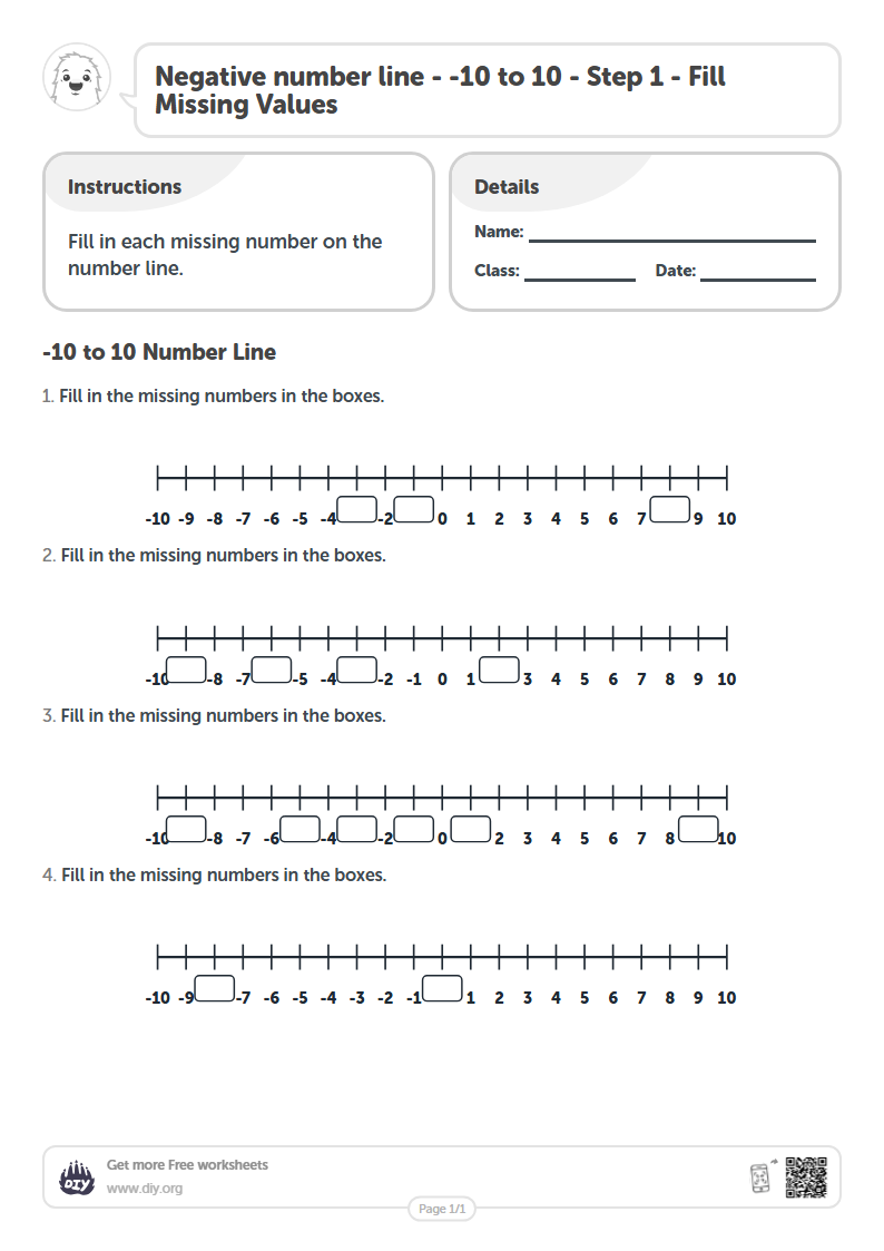 Free Negative number line - -10 to 10 - Step 1 - Fill Missing Values ...