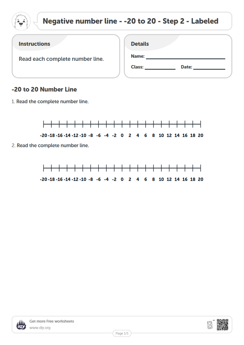 Free Negative number line - -20 to 20 - Step 2 - Labeled Worksheets