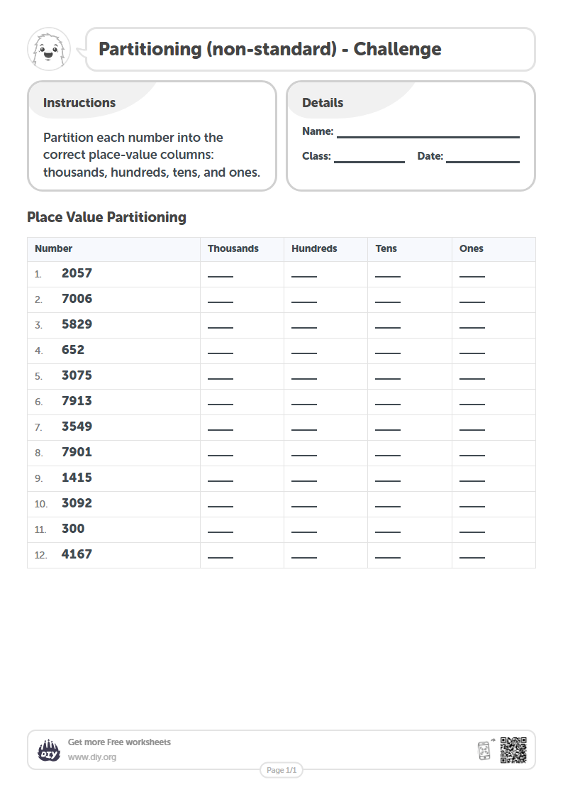 Free Partitioning (non-standard) Worksheets