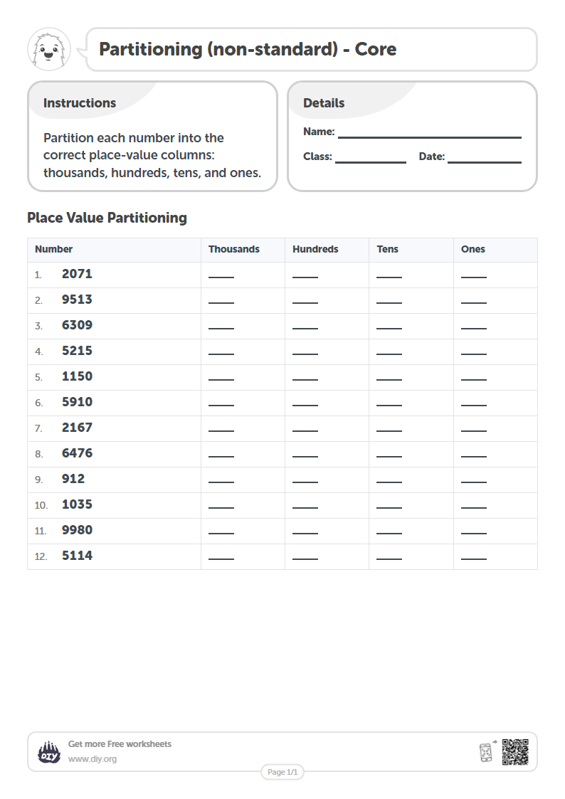 Free Partitioning (non-standard) Worksheets