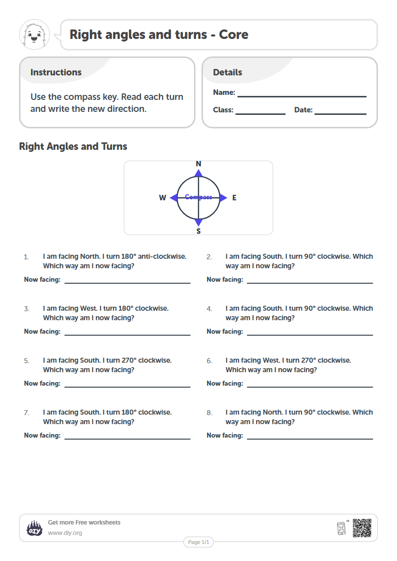 Free Right angles and turns Worksheets