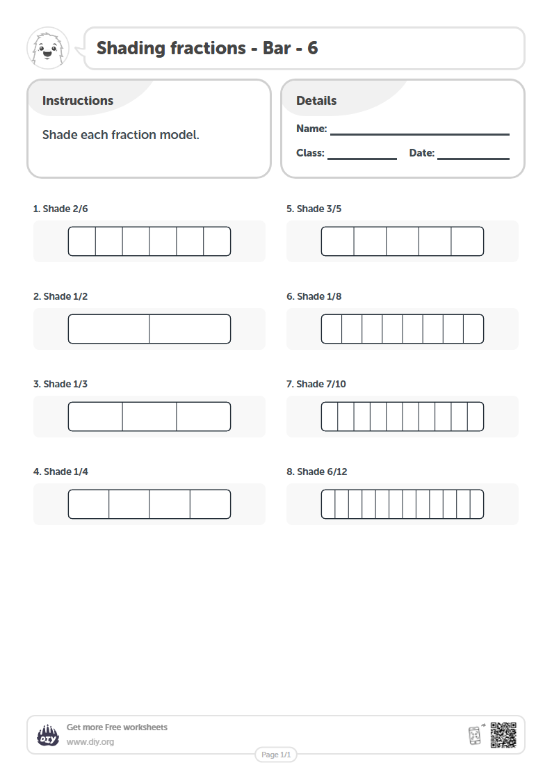 Free Shading fractions - Bar - 6 Worksheets