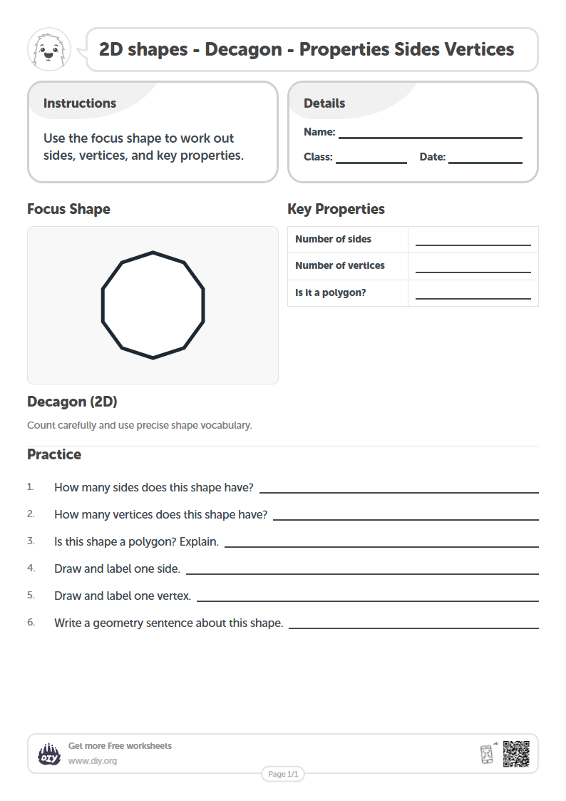 Free 2D shapes - Decagon - Properties Sides Vertices Worksheets