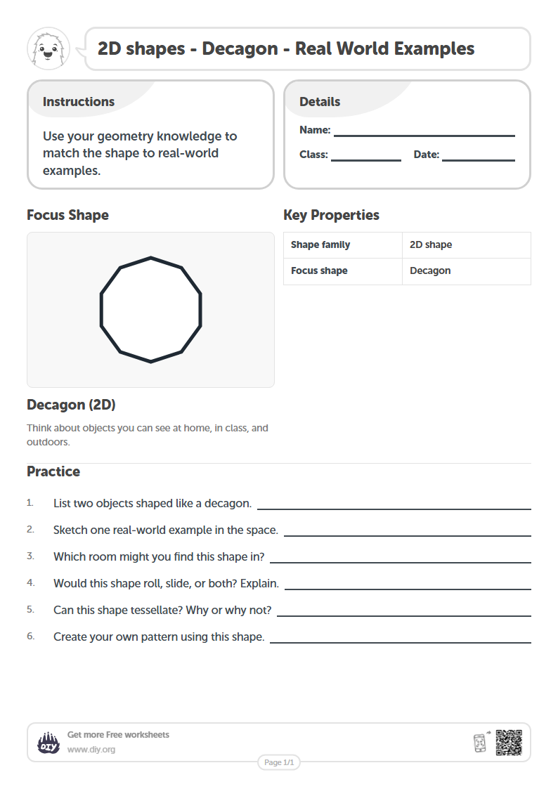 Free 2D shapes - Decagon - Real World Examples Worksheets