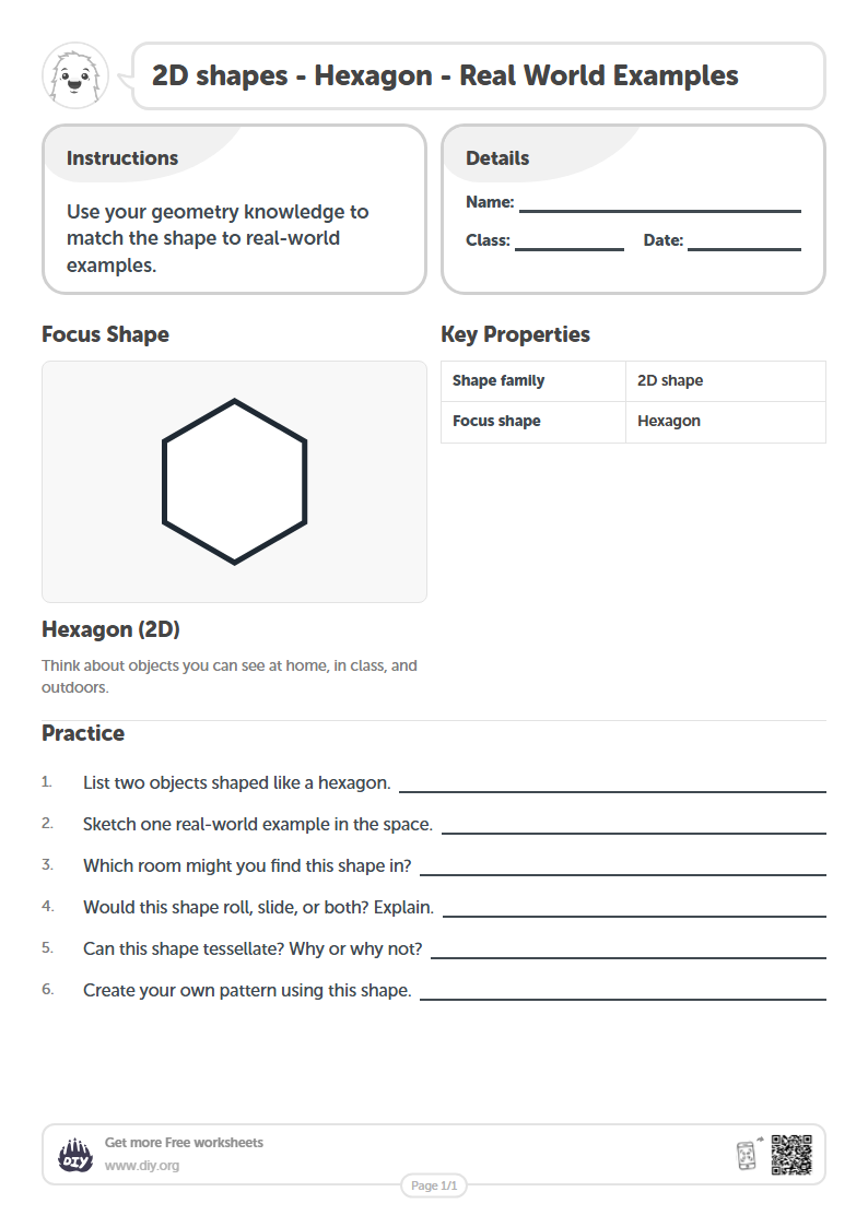 Free 2D shapes - Hexagon - Real World Examples Worksheets