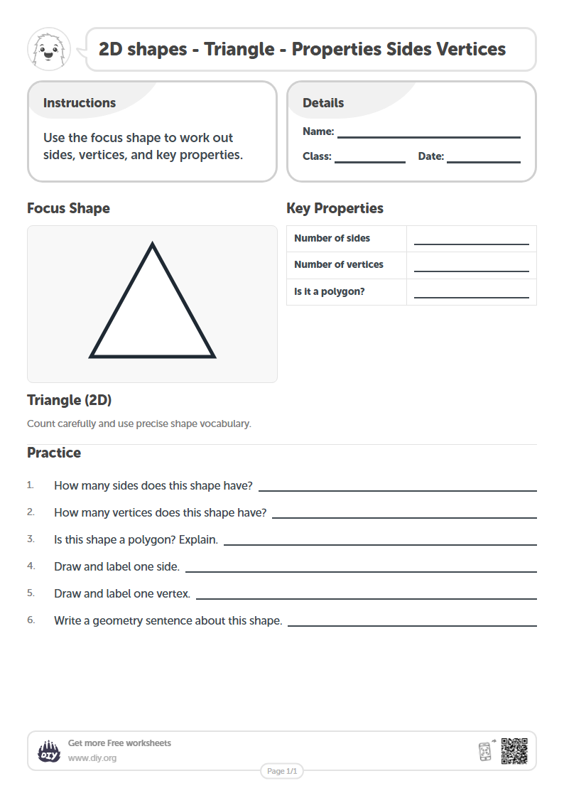 Free 2D shapes - Triangle - Properties Sides Vertices Worksheets