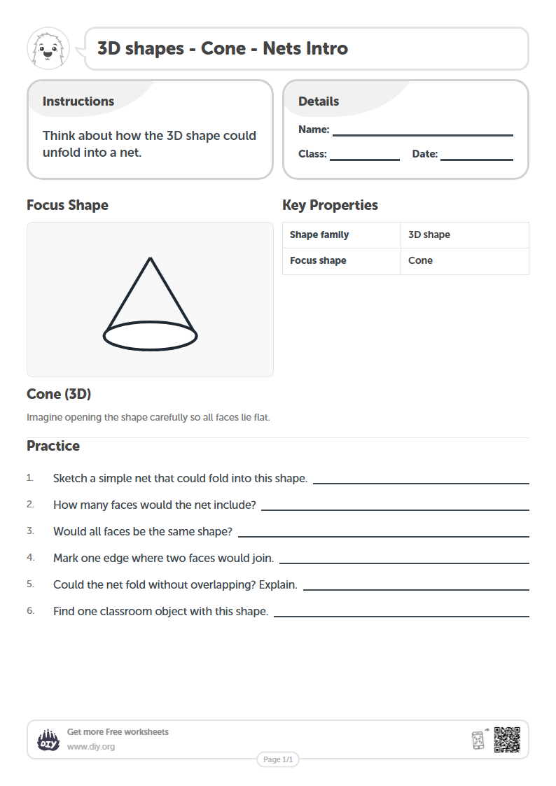 Free 3D shapes - Cone - Nets Intro Worksheets