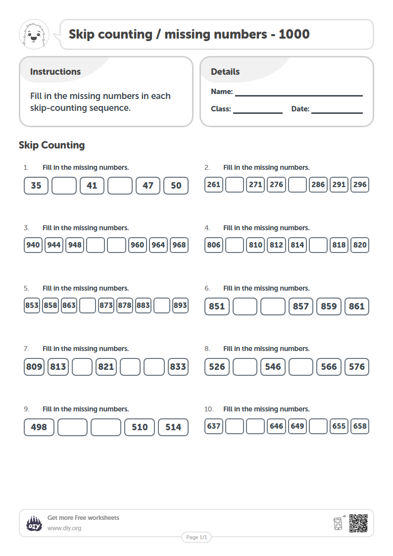 Free Skip counting / missing numbers - 1000 Worksheets