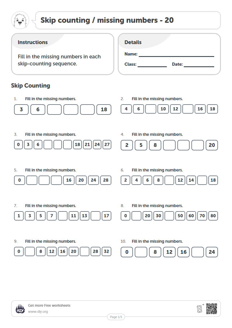Free Skip counting / missing numbers - 20 Worksheets