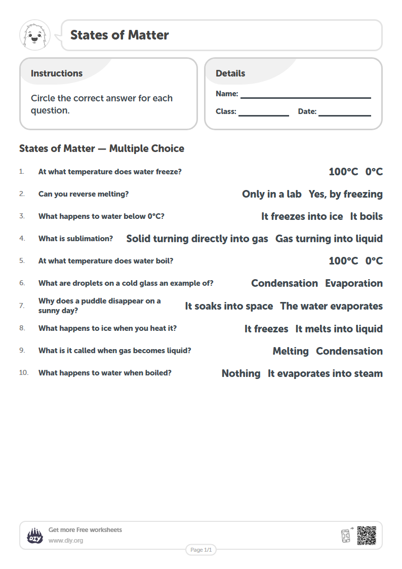 Free States of Matter Worksheets