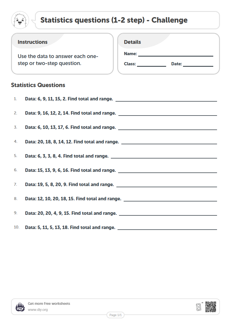 Free Statistics questions (1-2 step) Worksheets