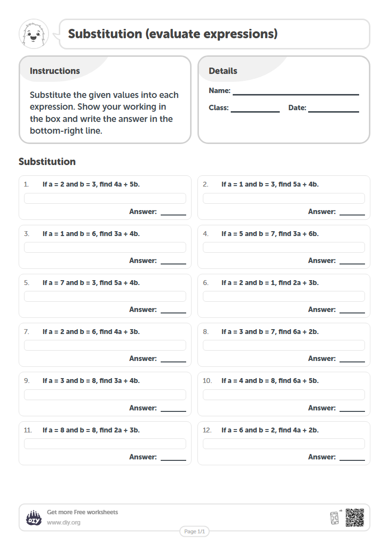 Free Substitution (evaluate expressions) Worksheets