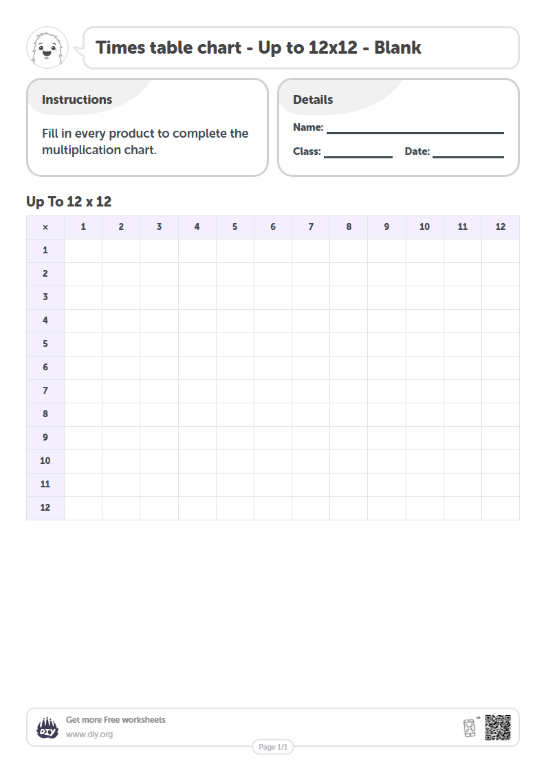 Free Times table chart - Up to 12x12 - Blank Worksheets