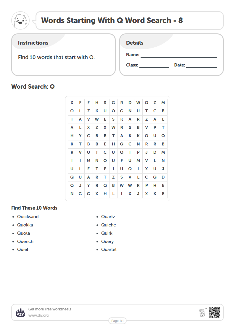 Search Q Free Words Starting With Q Word Search Worksheets