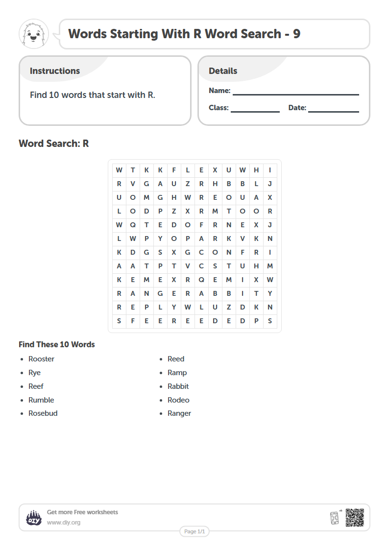 Free Words Starting With R Word Search Worksheets