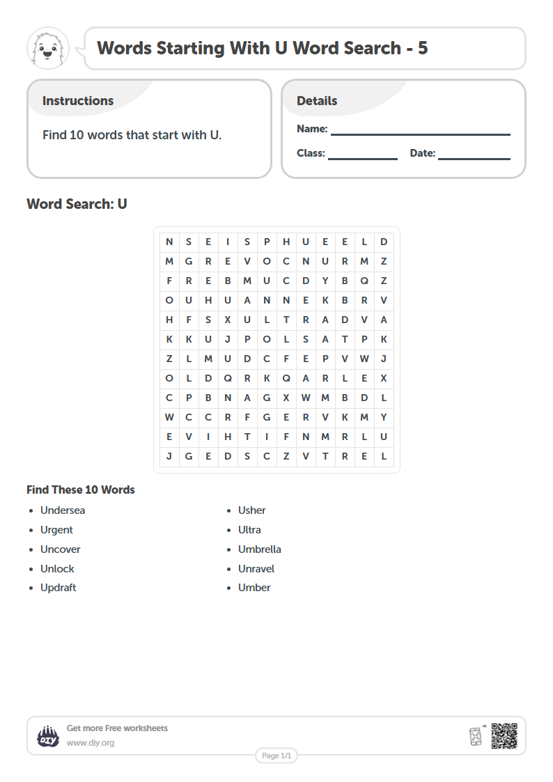 Free Words Starting With U Word Search Worksheets
