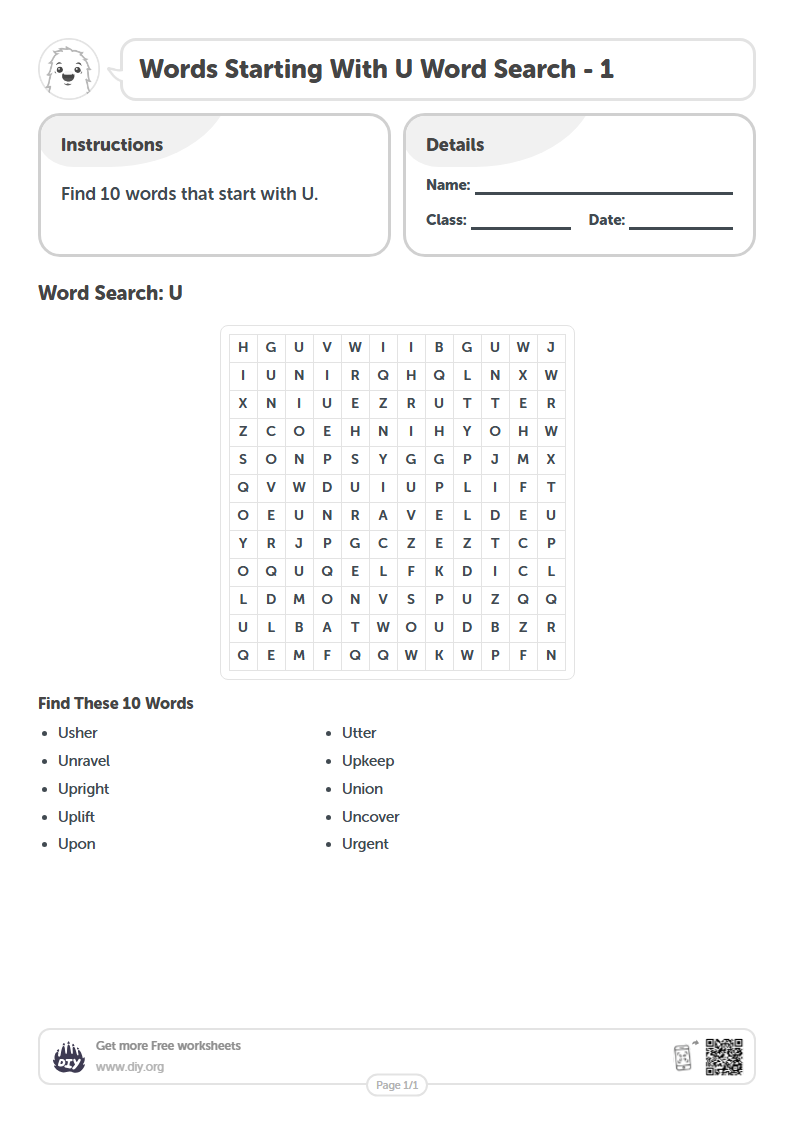 Free Words Starting With U Word Search Worksheets