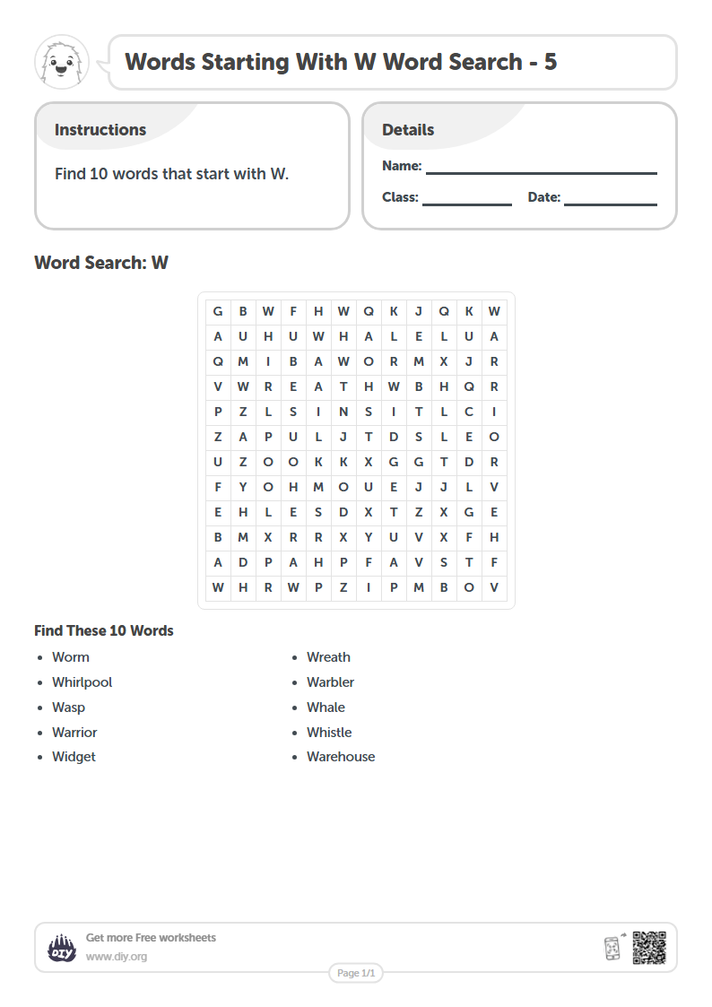 Free Words Starting With W Word Search Worksheets